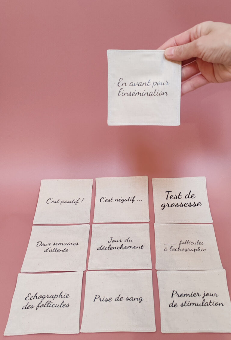 Cartes étapes PMA : test de grossesse, ponction, prise de sang, échographie des follicules