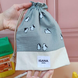 Pochon de transport en double gaze de coton pingouin vert