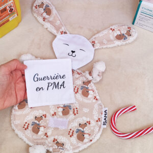 Doudou étapes PMA lapin motif Noël + carte étape "Guerrière/Guerriers/Guerrières en PMA" au choix